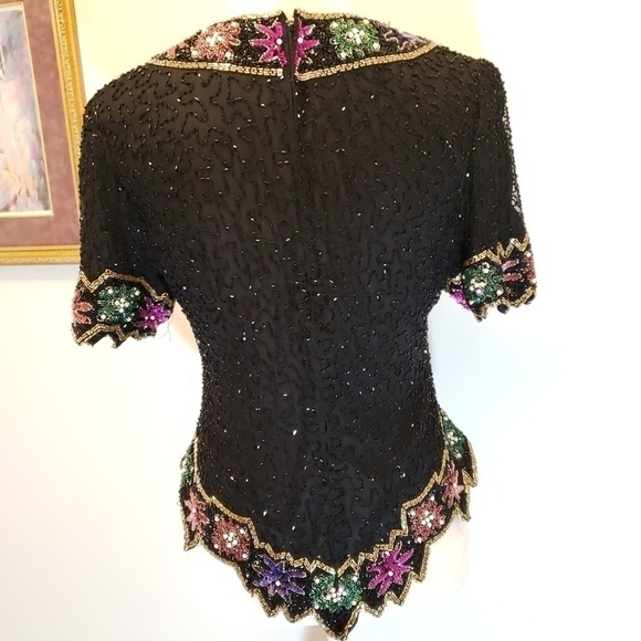 Vintage Laurence Kazar Silk Beaded Sequin & Pearl Top PM VGUC - Picture 2 of 9